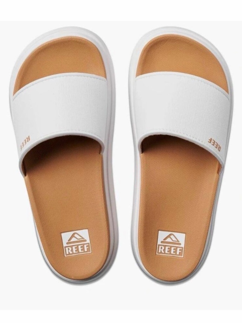 Reef Women’s Cushion Bondi Bay White Slide Sandals with Tan Footbed